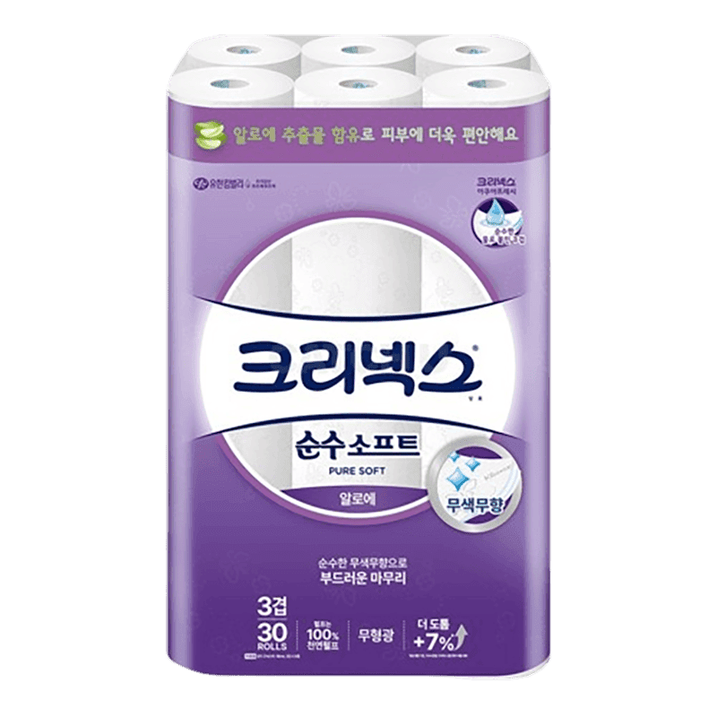 크리넥스 천연펄프 3겹 순수소프트 알로에 27m 롤화장지, 30롤, 2개