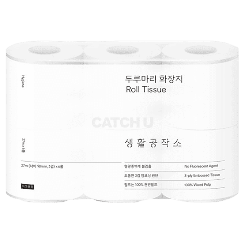 생활공작소 천연펄프 3겹 두루마리 화장지 27m, 6롤, 1팩