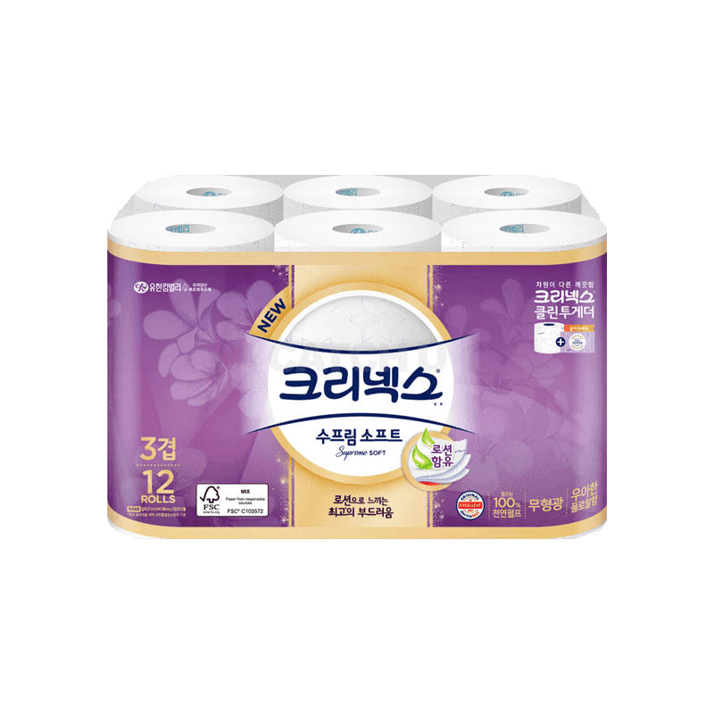 크리넥스 수프림 소프트 천연펄프 3겹 화장지 27m, 12개입, 1개