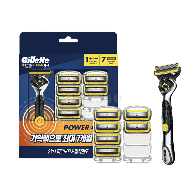 질레트 프로쉴드 옐로우 파워 면도날 7입 + 면도기 핸들 1입