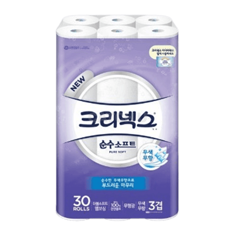 크리넥스 천연펄프 순수소프트 3겹 롤화장지 27m 30롤 + 30롤